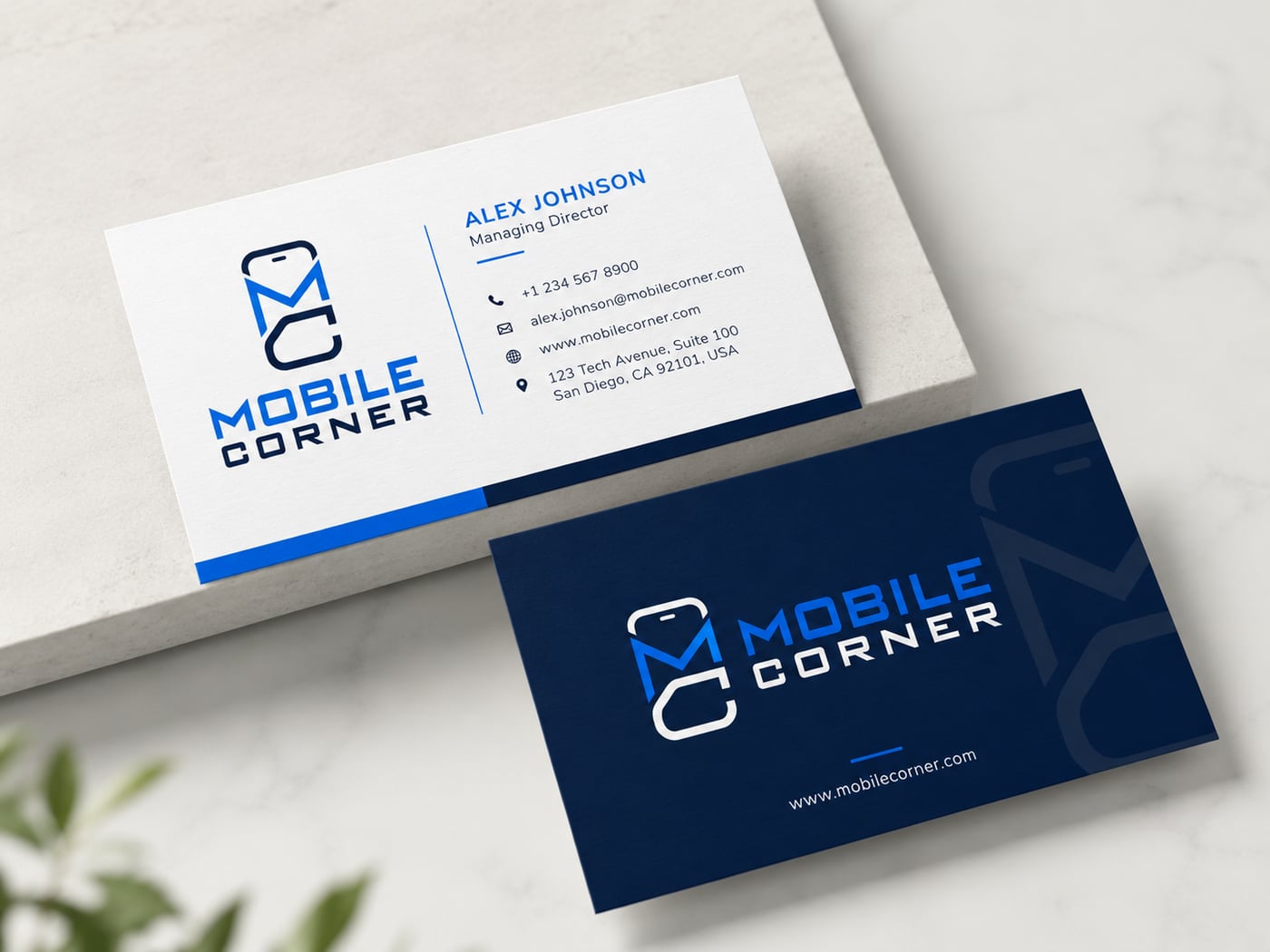 Business cards — monogram front, full lockup reversed