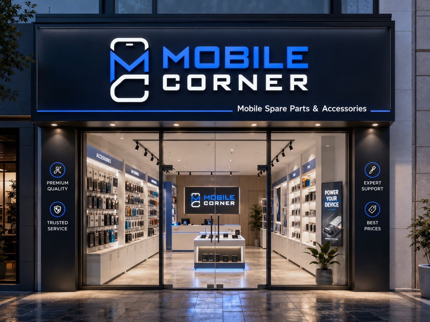 Illuminated shopfront signage — the mark at its largest
